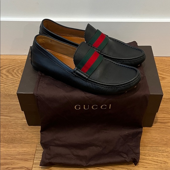Gucci Men's Web Driver Loafers Black w/ Signature Stripes - Size 11